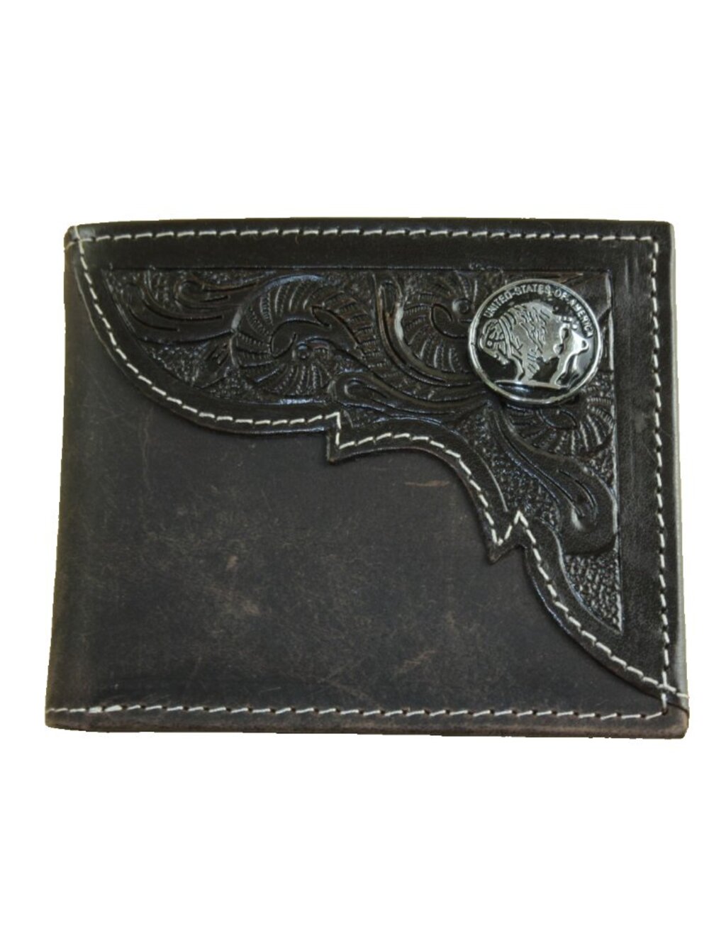 American Bison Men's Buffalo Nickel Concho Bifold Dark Brown Leather Wallet NIB